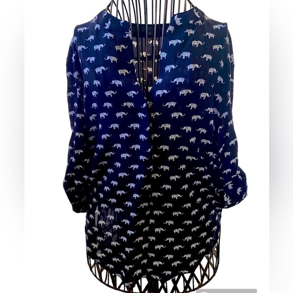 Modcloth Fun 2 Fun Navy blue and White Elephant print button up top - Picture 1 of 4
